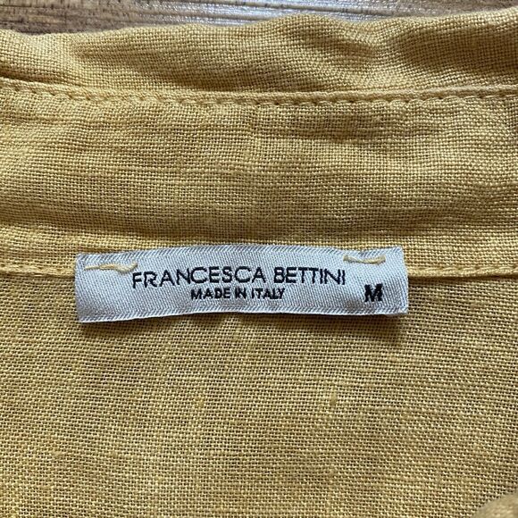 FRANCESCA BETTINI M Linen Yellow Button Shirt Dress Roll-Tab Cottage Lagenlook - Picture 7 of 16